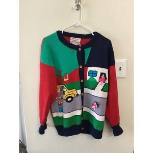 VTG Cotton Salsa School Bus Teacher Knit Golf Cardigan Sweater Womens Sz M